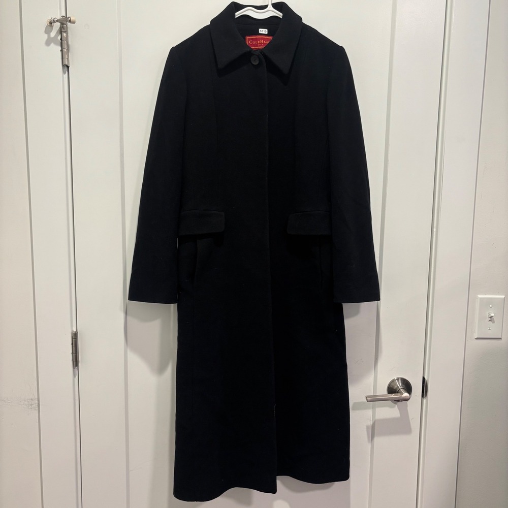Cole Haan City Womens Black Wool Blend Long Button Front Trench Coat Size 6
